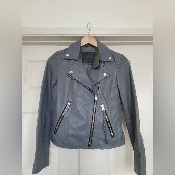 NWT Allsaints Dalby Biker leather jacket, grey steel, US 4 - Picture 1 of 7